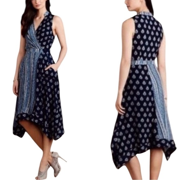 Maeve Dresses & Skirts - Anthropologie Maeve Eclipsed Midi Dress Stripe Paisley Mixed Print Blue Size 4